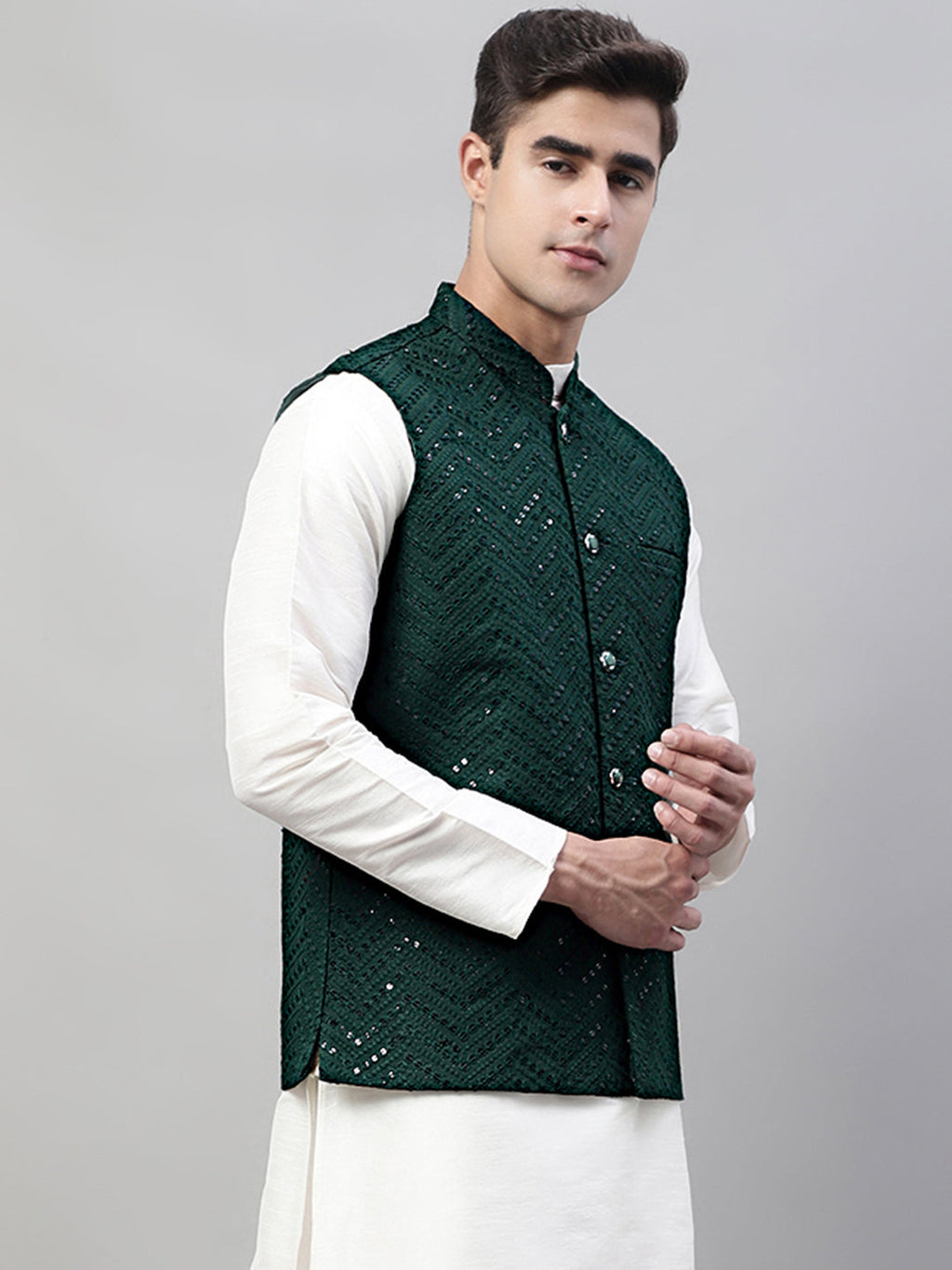 Jompers Men's Sequins Embroidered Rayon Nehru Jacket - Olive | Grocsy