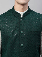 Jompers Men's Sequins Embroidered Rayon Nehru Jacket - Olive | Grocsy