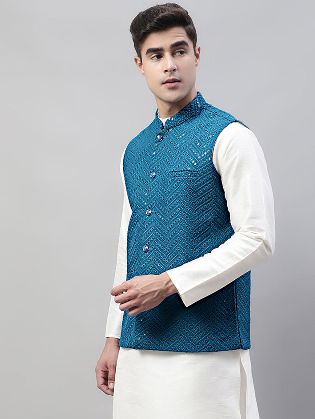 Jompers Men's Sequins Embroidered Rayon Nehru Jacket - Peacock | Grocsy