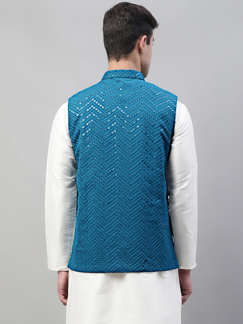 Jompers Men's Sequins Embroidered Rayon Nehru Jacket - Peacock | Grocsy