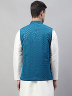 Jompers Men's Sequins Embroidered Rayon Nehru Jacket - Peacock | Grocsy