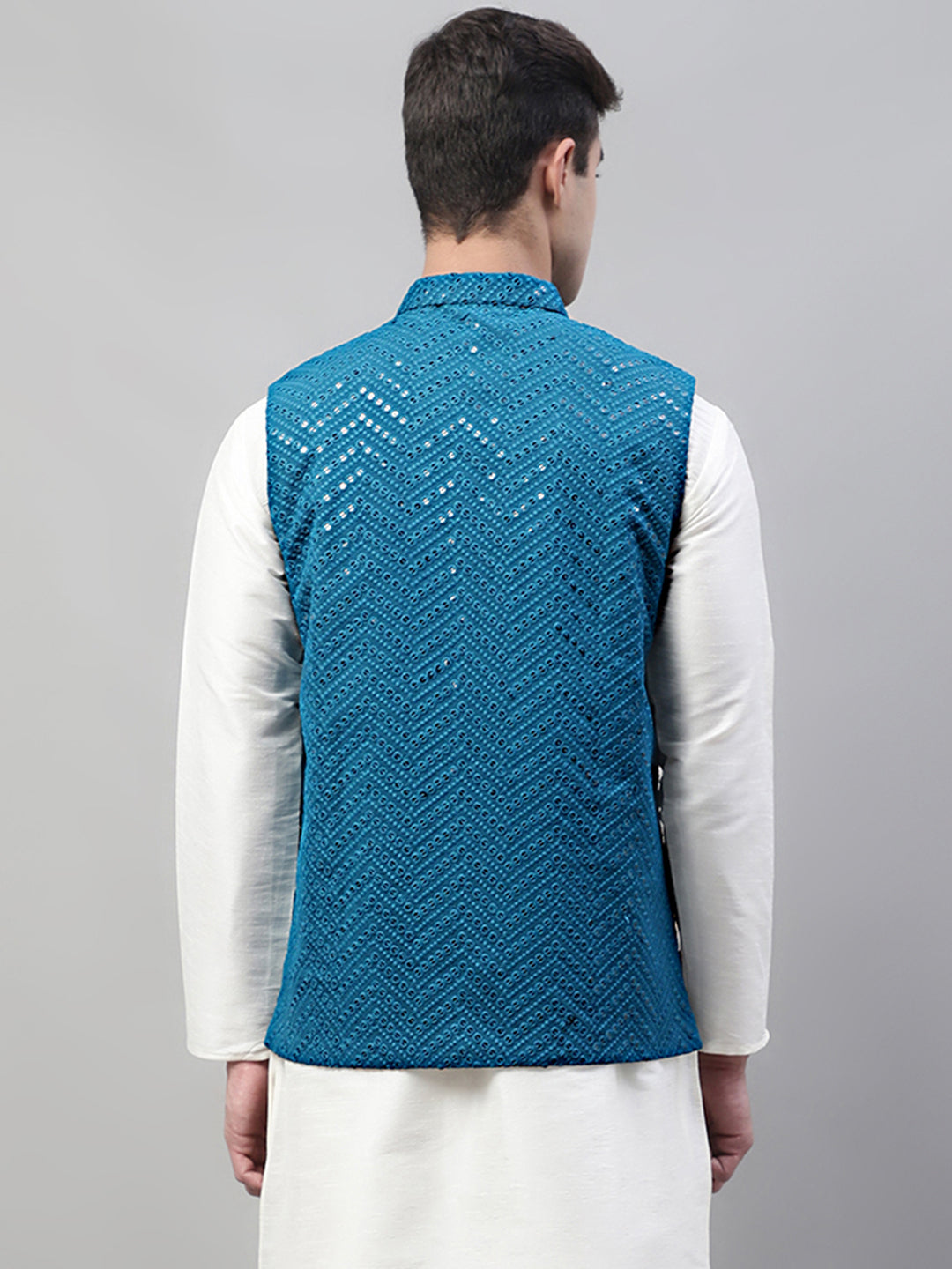 Jompers Men's Sequins Embroidered Rayon Nehru Jacket - Peacock | Grocsy
