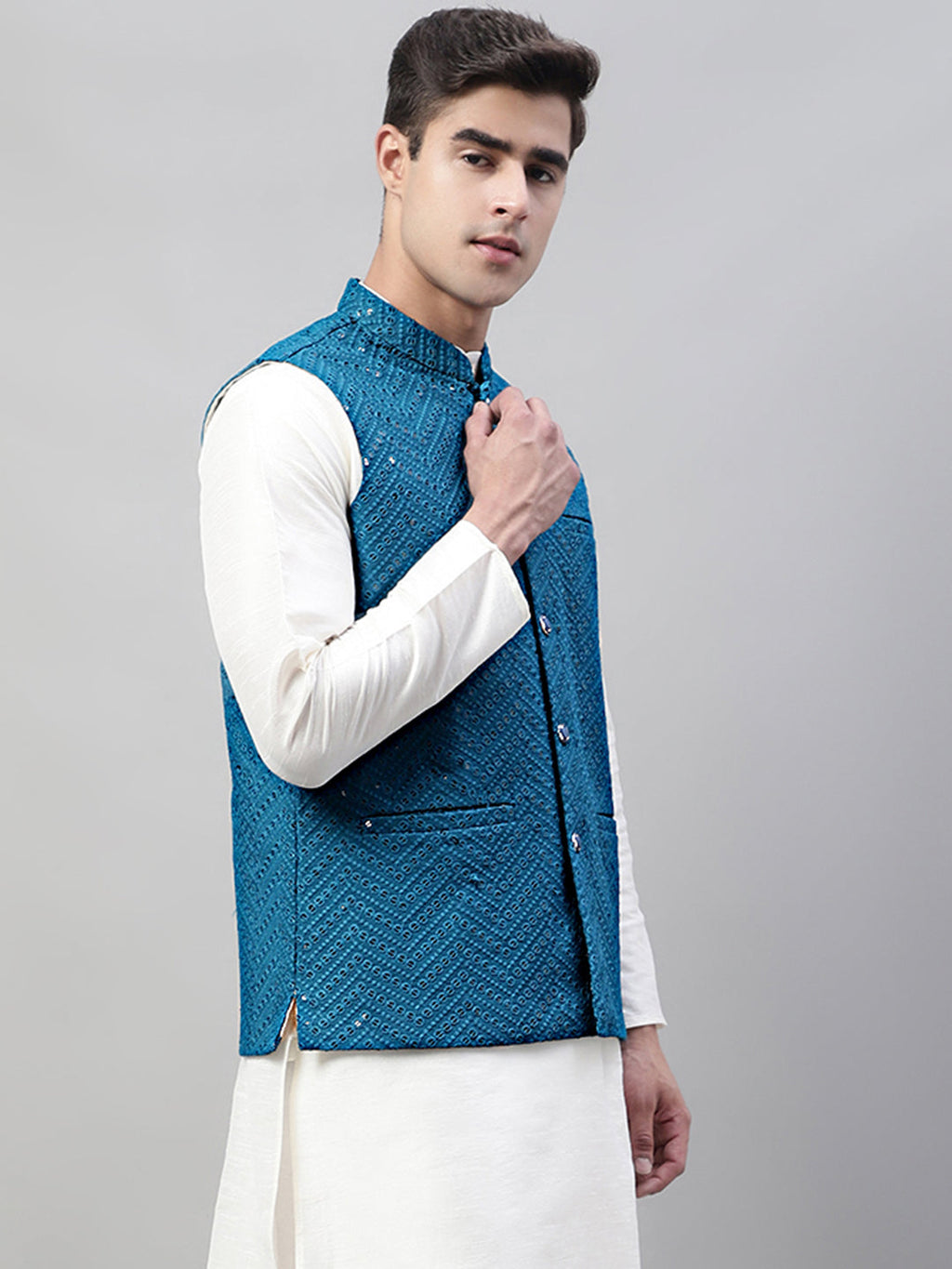 Jompers Men's Sequins Embroidered Rayon Nehru Jacket - Peacock | Grocsy