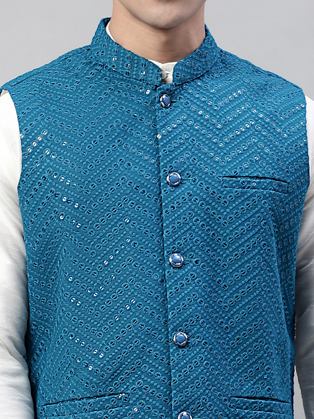Jompers Men's Sequins Embroidered Rayon Nehru Jacket - Peacock | Grocsy