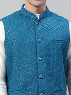 Jompers Men's Sequins Embroidered Rayon Nehru Jacket - Peacock | Grocsy