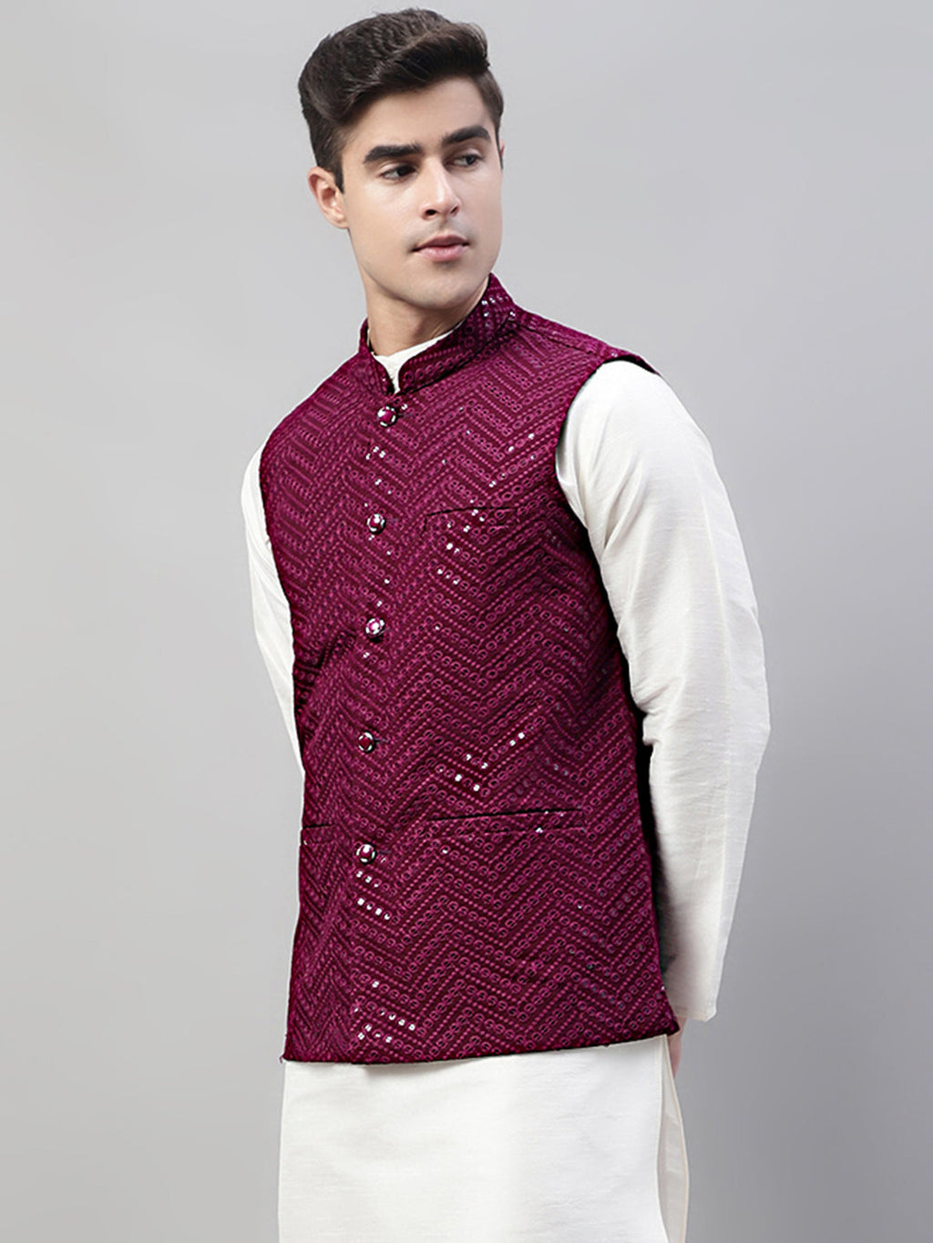 Jompers Men's Sequins Embroidered Rayon Nehru Jacket - Purple | Grocsy