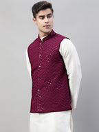 Jompers Men's Sequins Embroidered Rayon Nehru Jacket - Purple | Grocsy