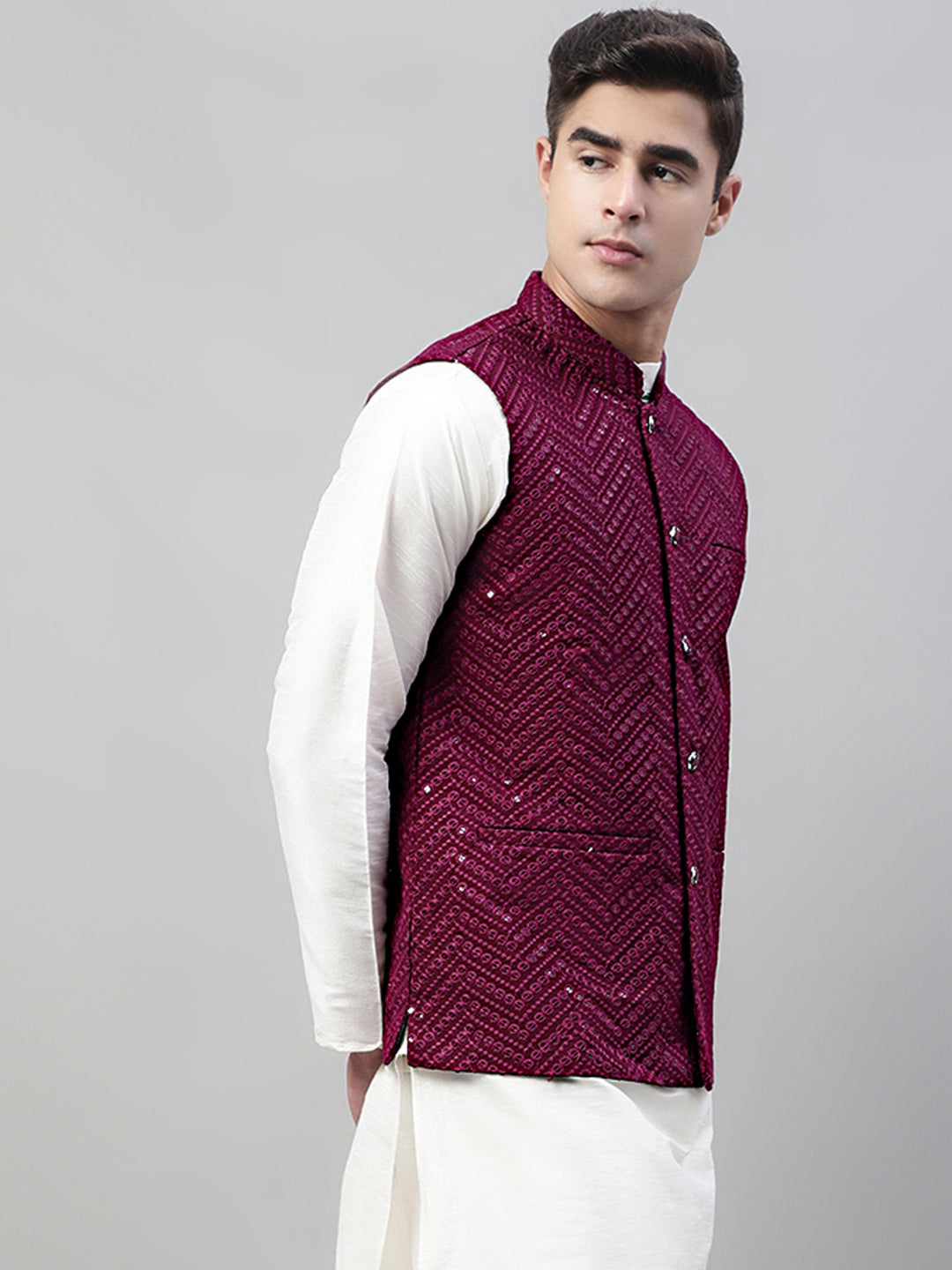 Jompers Men's Sequins Embroidered Rayon Nehru Jacket - Purple | Grocsy