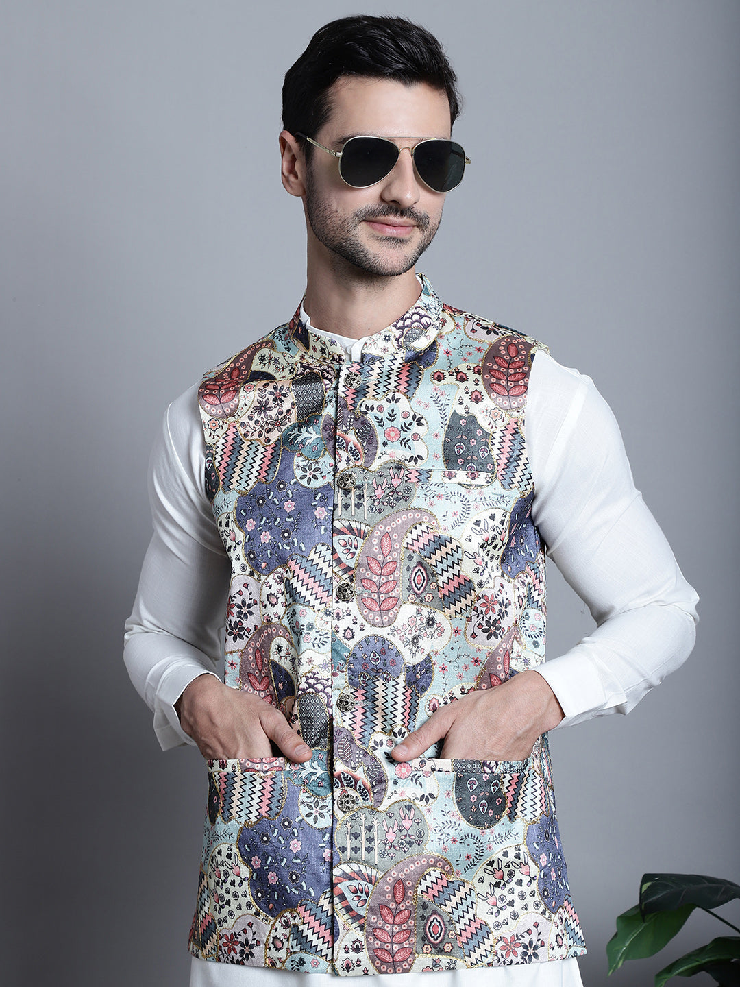Jompers Men's Printed With Zari Work Nehru Jacket - Blue | Grocsy
