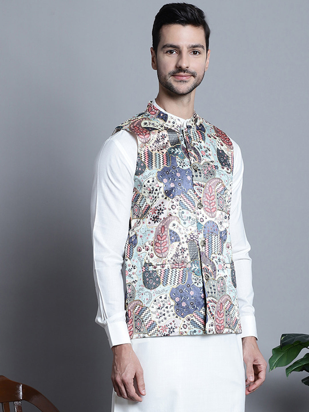 Jompers Men's Printed With Zari Work Nehru Jacket - Blue | Grocsy