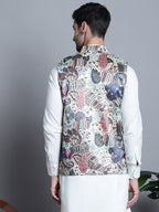 Jompers Men's Printed With Zari Work Nehru Jacket - Blue | Grocsy