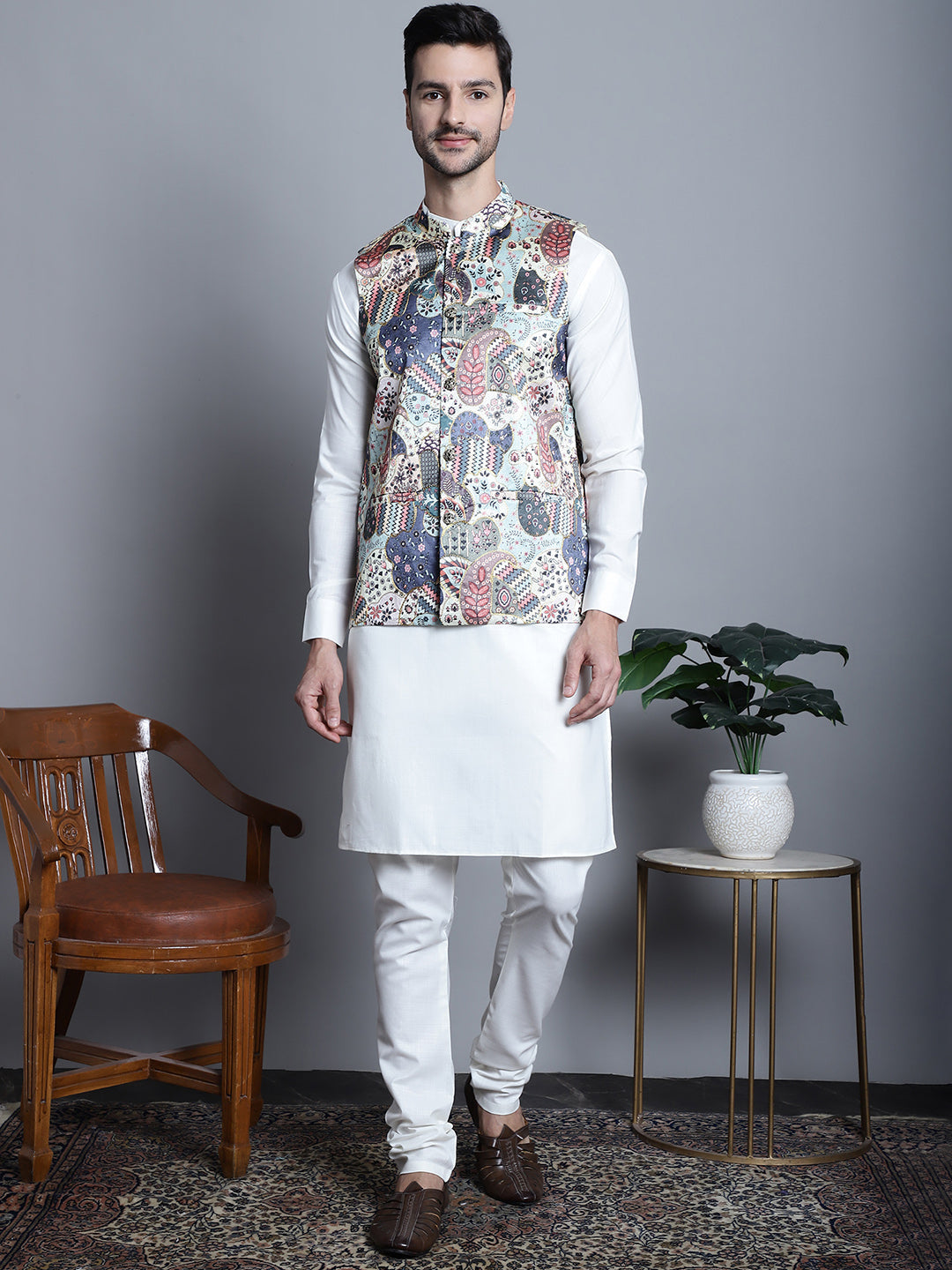 Jompers Men's Printed With Zari Work Nehru Jacket - Blue | Grocsy