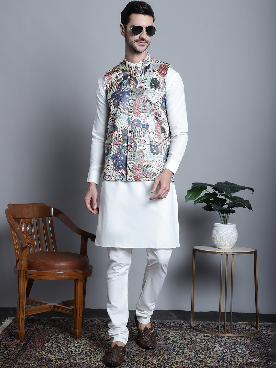 Jompers Men's Printed With Zari Work Nehru Jacket - Blue | Grocsy