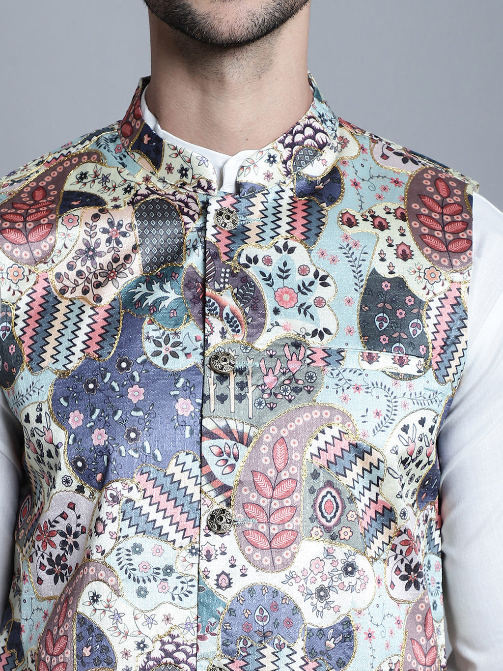 Jompers Men's Printed With Zari Work Nehru Jacket - Blue | Grocsy