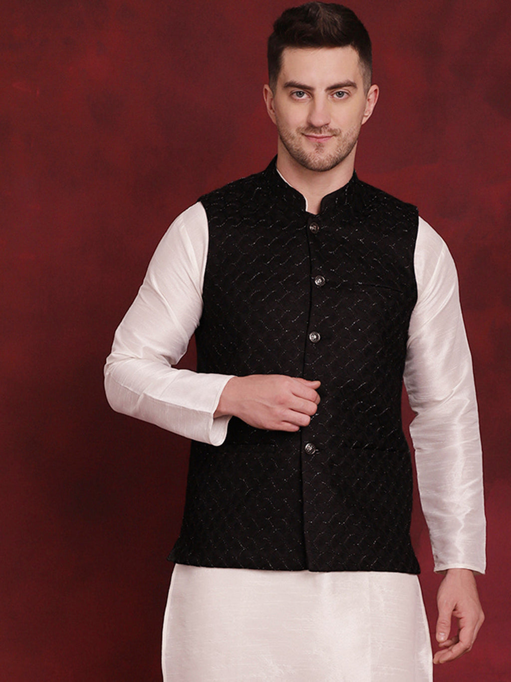 Jompers Men's Black Woven Design Nehru Jacket | Grocsy