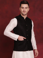 Jompers Men's Black Woven Design Nehru Jacket | Grocsy