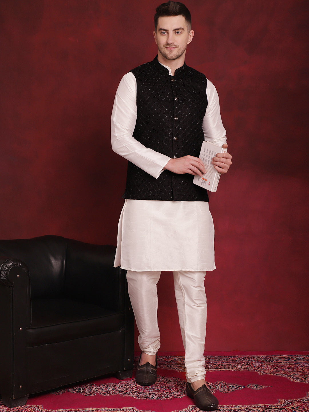 Jompers Men's Black Woven Design Nehru Jacket | Grocsy