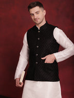 Jompers Men's Black Woven Design Nehru Jacket | Grocsy