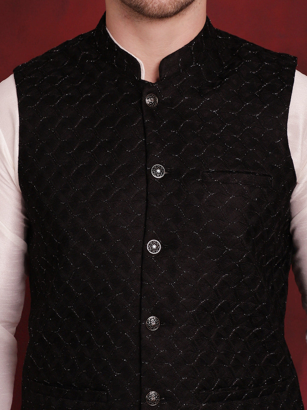 Jompers Men's Black Woven Design Nehru Jacket | Grocsy