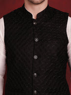 Jompers Men's Black Woven Design Nehru Jacket | Grocsy