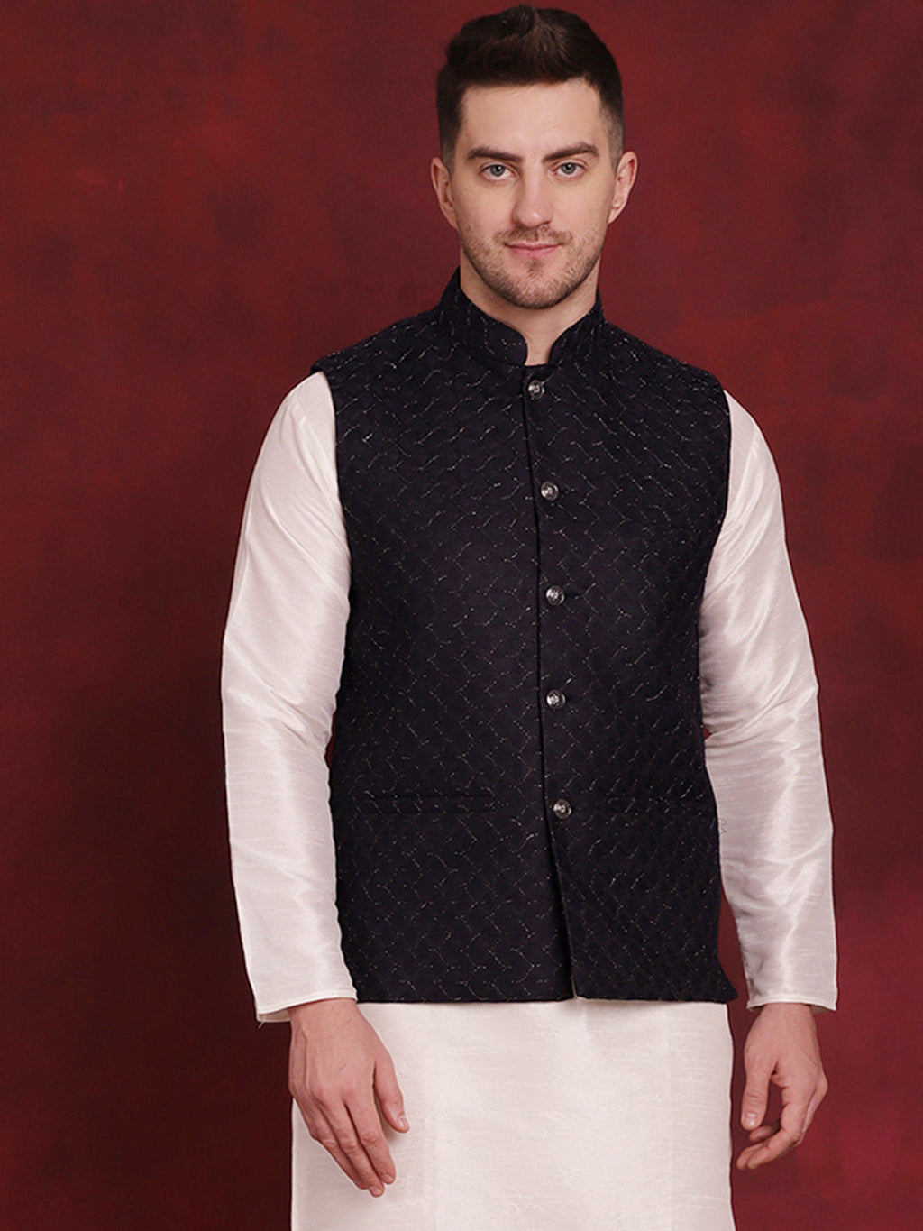 Jompers Men's Navy Blue Woven Design Nehru Jacket | Grocsy