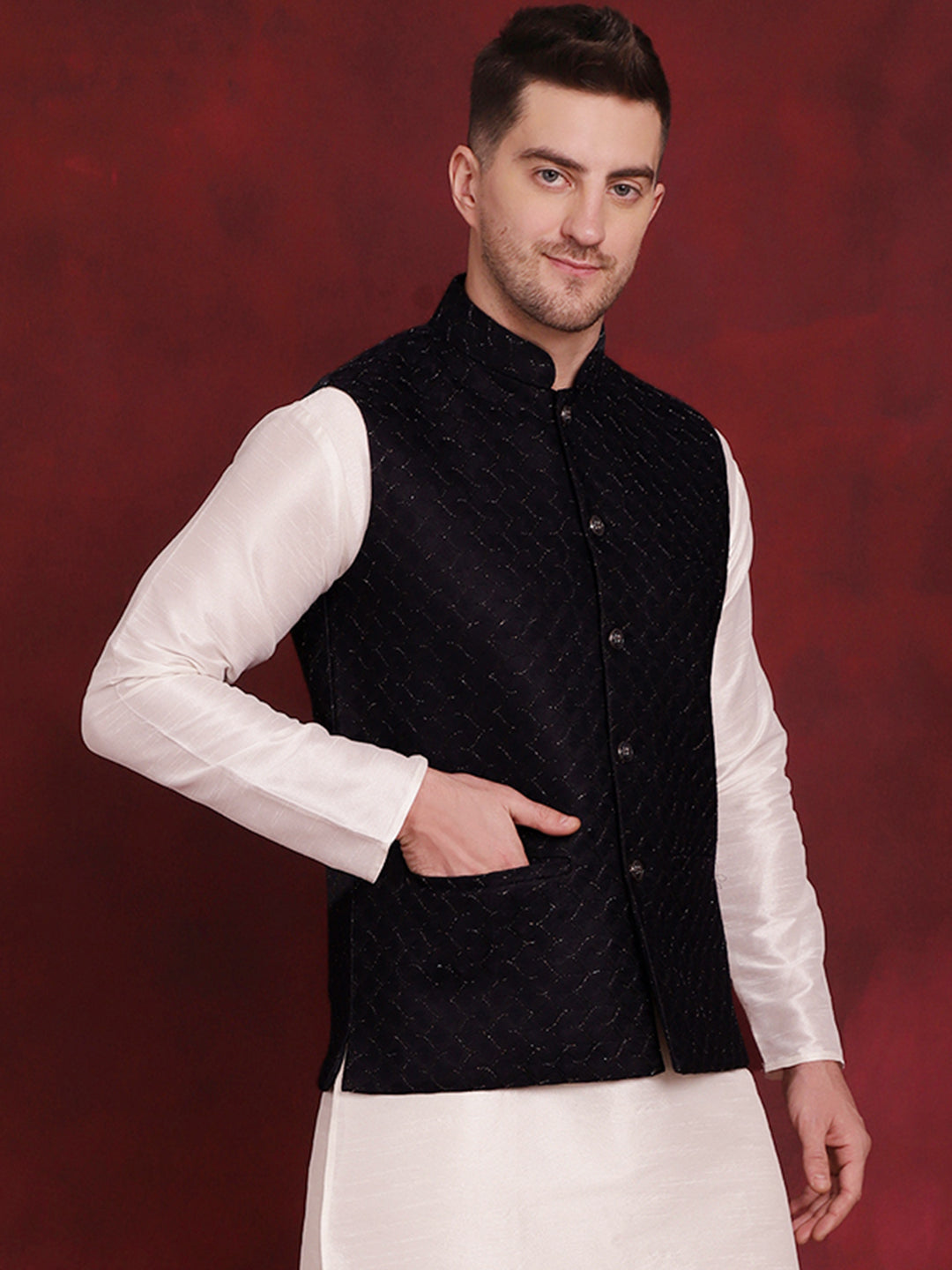 Jompers Men's Navy Blue Woven Design Nehru Jacket | Grocsy