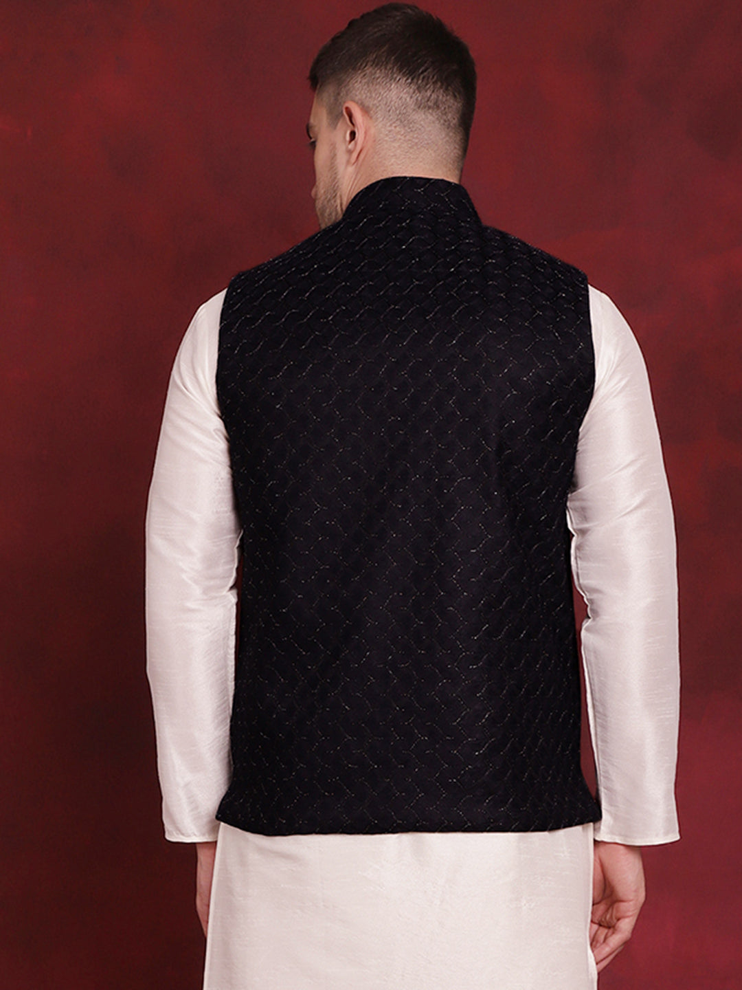 Jompers Men's Navy Blue Woven Design Nehru Jacket | Grocsy