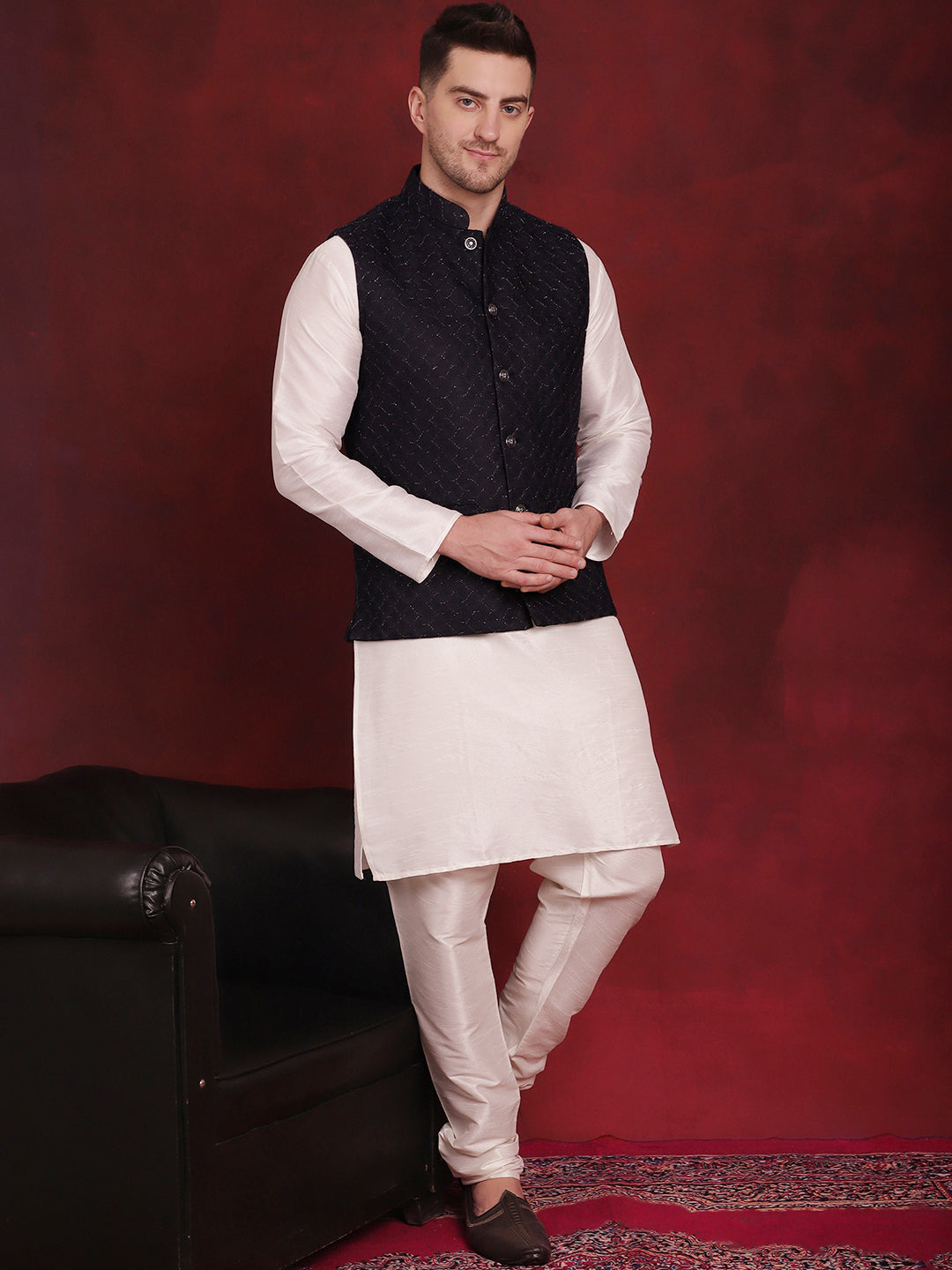 Jompers Men's Navy Blue Woven Design Nehru Jacket | Grocsy