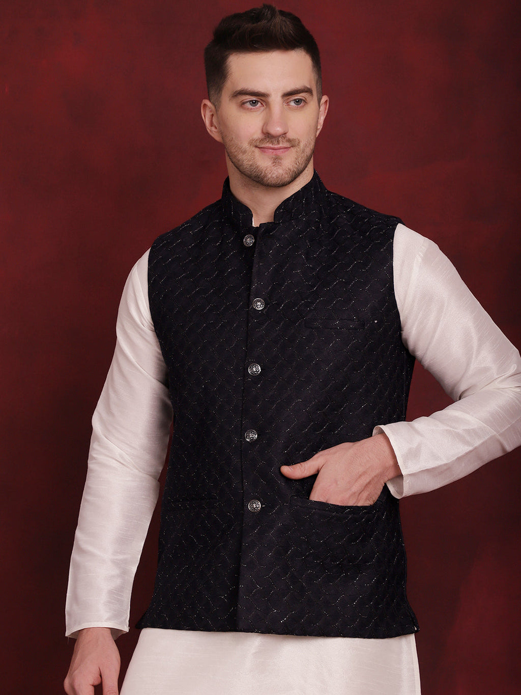 Jompers Men's Navy Blue Woven Design Nehru Jacket | Grocsy