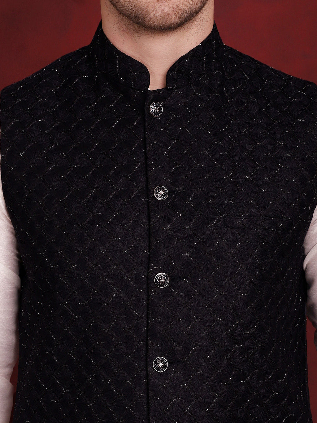 Jompers Men's Navy Blue Woven Design Nehru Jacket | Grocsy