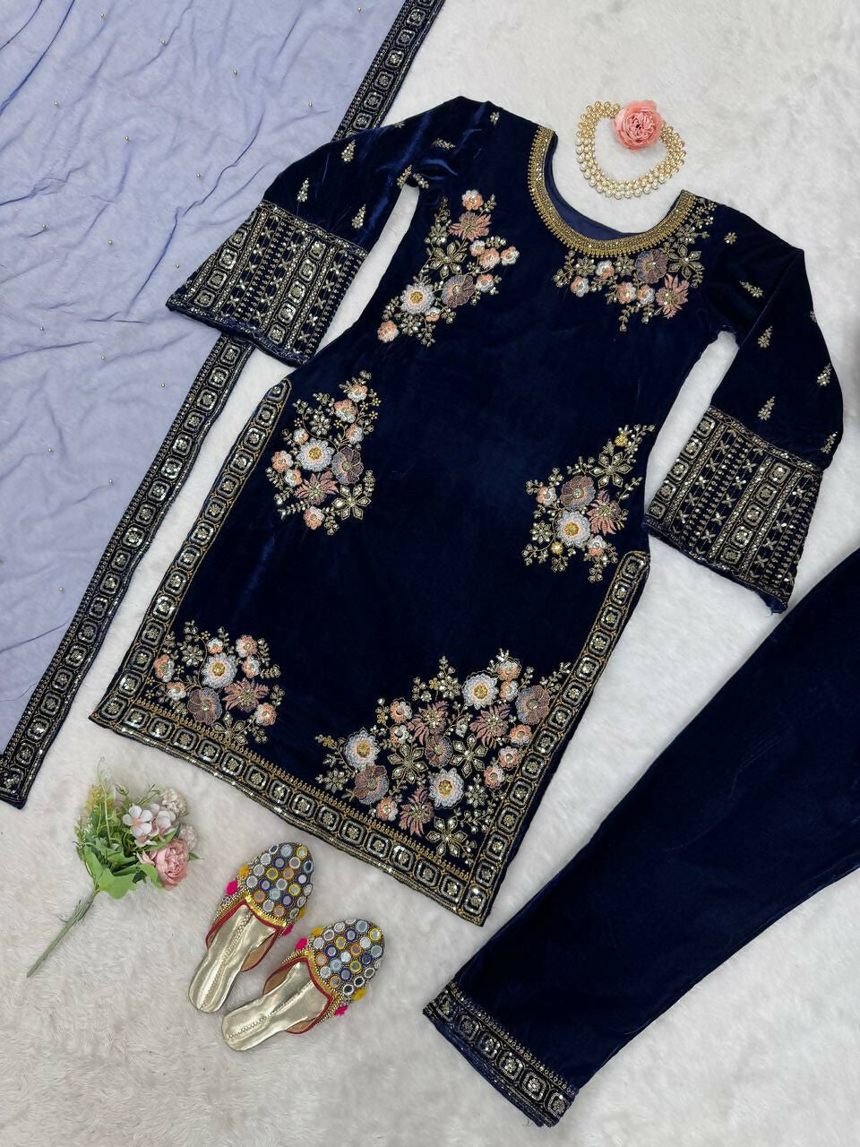 Vastranavya Navy Blue Viscose Velvet Sequence Embroidery Work Kurta & Bottom With Dupatta | Grocsy