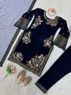 Vastranavya Navy Blue Viscose Velvet Sequence Embroidery Work Kurta & Bottom With Dupatta | Grocsy