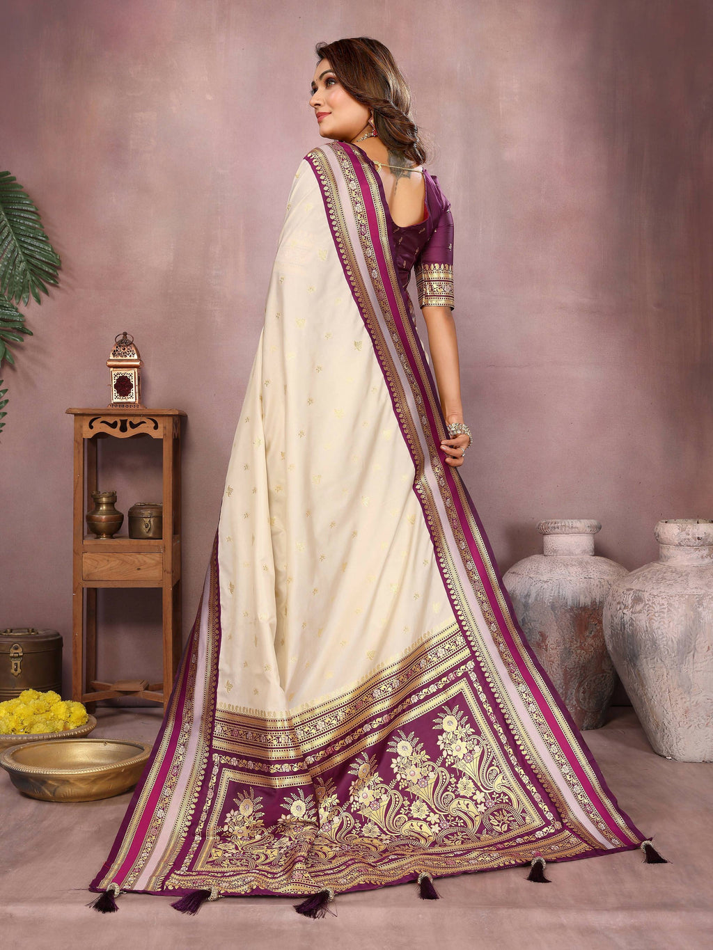 Aastha Fashion Cream Kalamkari Silk Weaving Saree | Grocsy