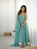 Teeya Creation Sky Color Crunchy Silk Serosky Work Party Wear Gown | Grocsy