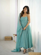 Teeya Creation Sky Color Crunchy Silk Serosky Work Party Wear Gown | Grocsy