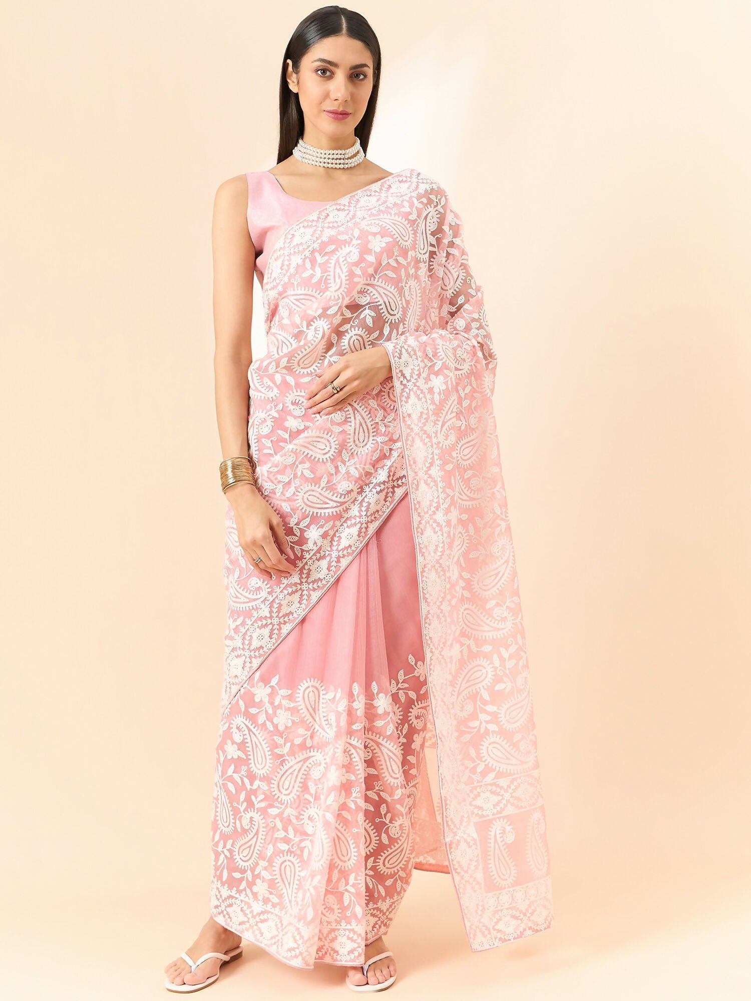 Pink Organza Paisely Embroidered Saree with Unstitched Blouse Piece - Roozal | Grocsy