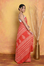 Very Much Indian Handblock Printed Cotton Saree With Natural Dyes - Orange | Grocsy