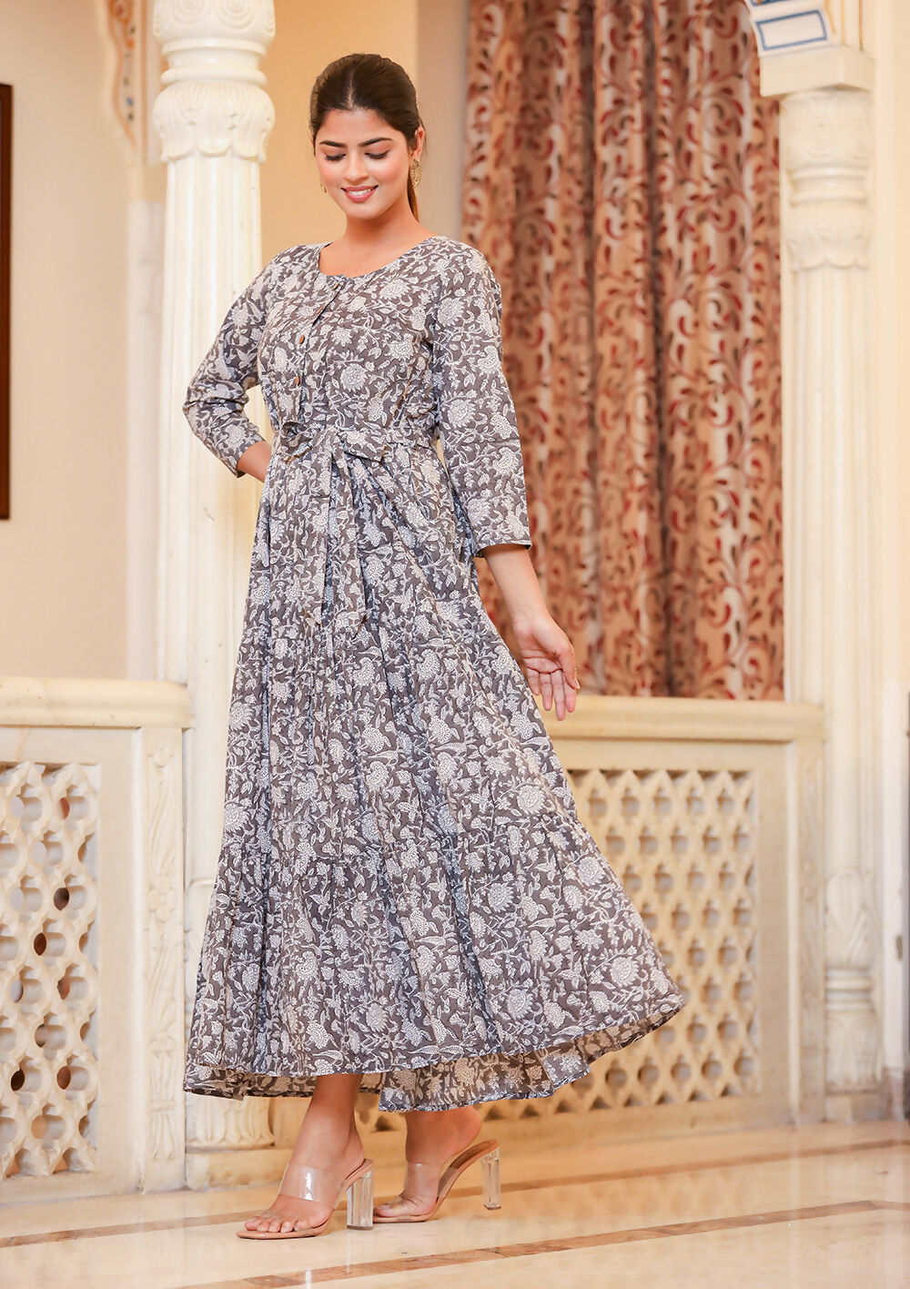 Kaajh Women's Grey Ethnic Floral Hand Block Print Cotton Dress | Grocsy