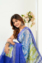 Vastranavya Blue Digital Printed Linen Ready To Wear Designer Saree with Unstitched Blouse | Grocsy
