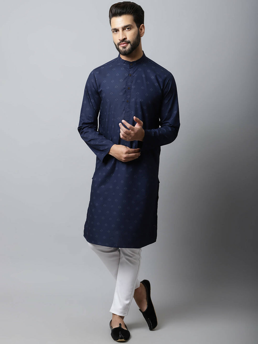 Even Apparels Navy blue Color Pure Cotton Men's Kurta With Band Collar (PRT1184-NVC) | Grocsy