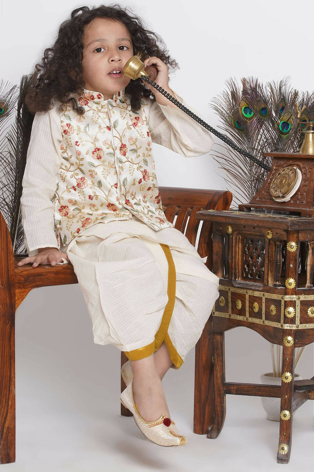 Little Bansi Banarsi Floral Embroidery Jacket Wth Cotton Kantha kurta And Kantha Dhoti - Cream | Grocsy