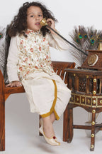 Little Bansi Banarsi Floral Embroidery Jacket Wth Cotton Kantha kurta And Kantha Dhoti - Cream | Grocsy
