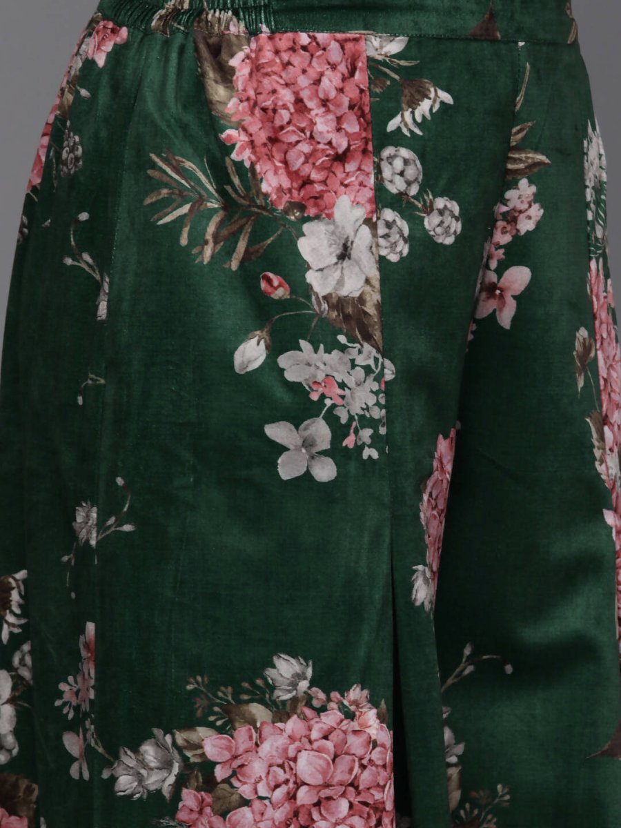 Ahalyaa Women Floral Printed Velvet Tunic with Palazzos - Green Color | Grocsy