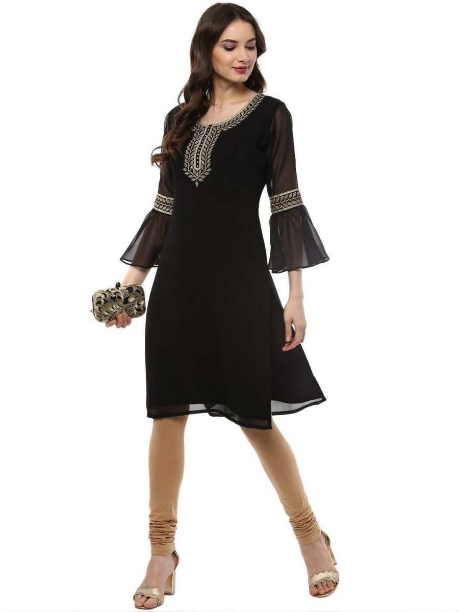 Ahalyaa Women's Black Georgette Glitter Print Kurta | Grocsy