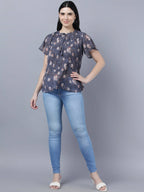 Myshka Women Charcoal Grey Peach-Coloured Floral Print Tie-Up Neck Georgette Top | Grocsy