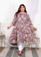 Miravan Women's Plus Size Purple Flower Printed With Beautiful Lace Border Details Anarkali Kurta | Grocsy