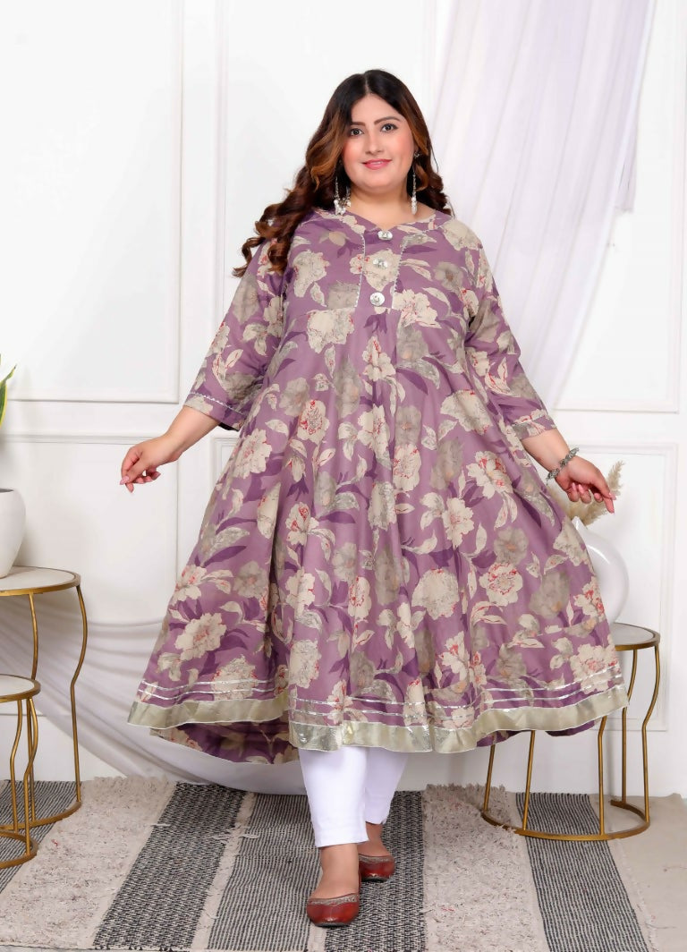Miravan Women's Plus Size Purple Flower Printed With Beautiful Lace Border Details Anarkali Kurta | Grocsy