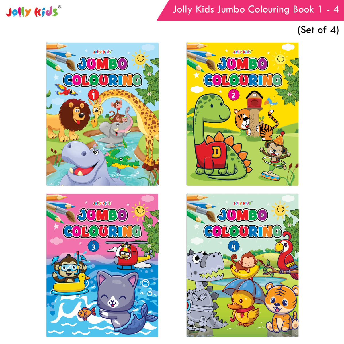 Jolly Kids Jumbo Colouring Books For Kids Set of 4|130 Fun Learnig Images Per Colour Book| Ages 3 - 7 Year | Grocsy