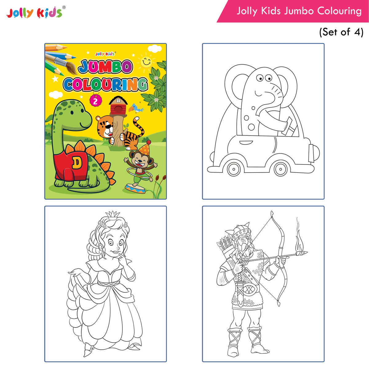 Jolly Kids Jumbo Colouring Books For Kids Set of 4|130 Fun Learnig Images Per Colour Book| Ages 3 - 7 Year | Grocsy