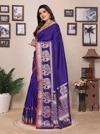 Elora Royal Blue Soft Silk Solid Self Jacquard Weaving Banarasi Saree | Grocsy